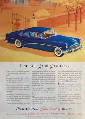 1954 Buick Roadmaster coupe illustrated vintage print ad, Visit France on back - Image 1 of 2