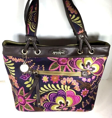 Spartina 449 Floral Multicolor Linen Fabric with Brown Leather Trim Tote Bag - Image 1 of 4