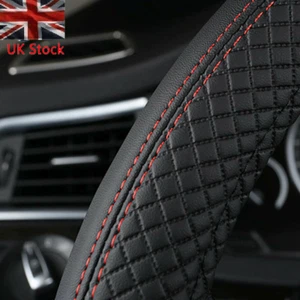 Universal Car Steering Wheel Cover Protector Glove Black PU Leather & Red Line - Picture 1 of 9