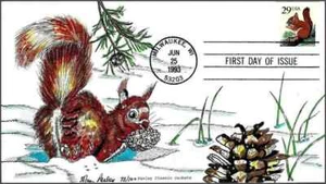 2489 29c Stamp (1993) - RED SQUIRRELS - Fran B. Paslay Hand Painted FDC - Picture 1 of 1