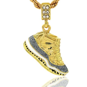 Mens 14k Gold Plated Hip Hop Retro 11 "Cool Grey" Pendant 4mm 24" Rope Chain - Picture 1 of 7