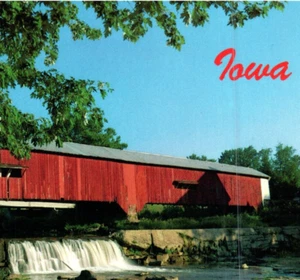 Vintage Postcard Iowa Red Covered Bridge Waterfall Landscape Chrome-J2-30 - Picture 1 of 3