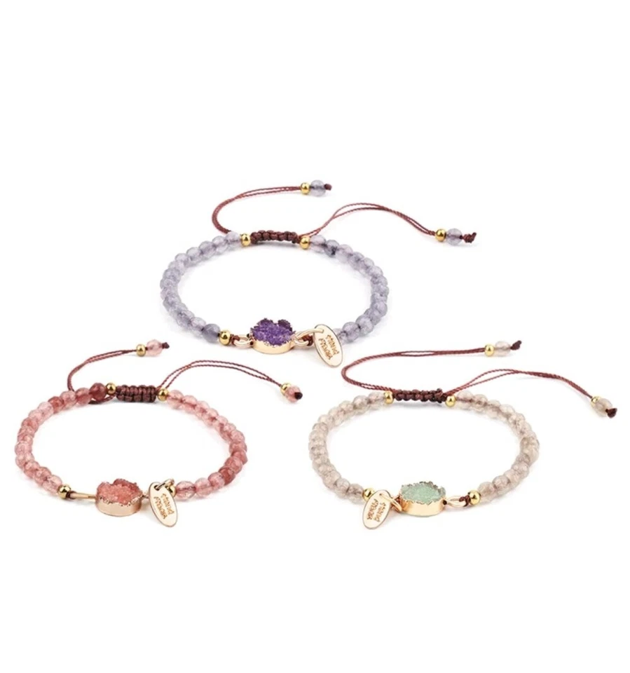 Natural Gemstone Amethyst Rose Quartz Small Ball Woven Adjustable Bracelet 756 - Image 1 of 4