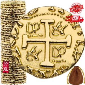 Premium Metal Pirate Coins - 35 X Large Pirate Gold Coins for Kids, Fake Gold... - Picture 1 of 7
