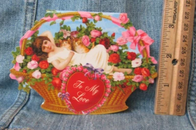 WOMAN CATS ROSES TO MY LOVE ANTIQUE IMAGE REPRINT BLANK GREETING CARD New  MG49 - Image 1 of 3