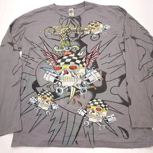 Ed Hardy Rhinestone Shirt Size XXL Long Sleeve Skull And Pistons Made In USA - Picture 1 of 9