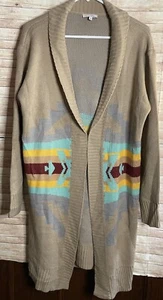 Izzy Aztec Tribal Print Boho Western Long Cardigan Pullover Gr. Lg. - Hellbraun - Bild 1 von 3