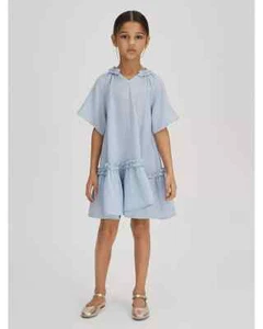 Reiss Blue Millie Seersucker Ruffle Dress Girls' 8-9Y Light Blue Button Back S/S - Picture 1 of 16