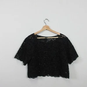Club Monaco Lace Cropped Top Women's M Black Button Back 3/4 Sleeve Blouse 174 - Picture 1 of 8