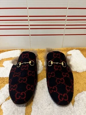Men 8 US 8.5 Gucci Princetown Horsebit GG Fur Lined Slippers Mules Navy Wool  - Image 1 of 4