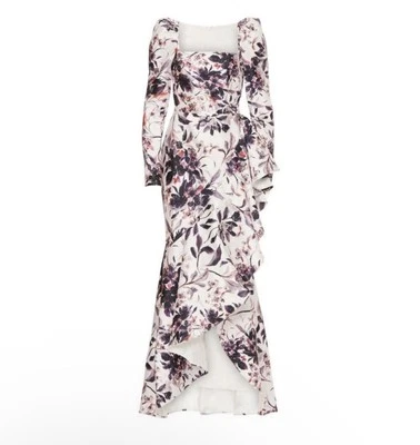 Badgley Mischka White Purple Floral Print Flounce Gown Long Sleeve Square 10 - Image 1 of 4