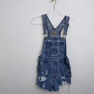 Furst Of A Kind Women Sz 29 Blue Distressed Overalls Shorts Sustainable Upcycled - Picture 1 of 7