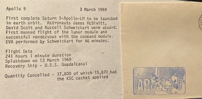 APOLLO 9  LAUNCH + OFFICIAL NASA BLUE CACHET KSC 3 MARCH 1969 ON COLONIAL STAMP - Image 1 of 4