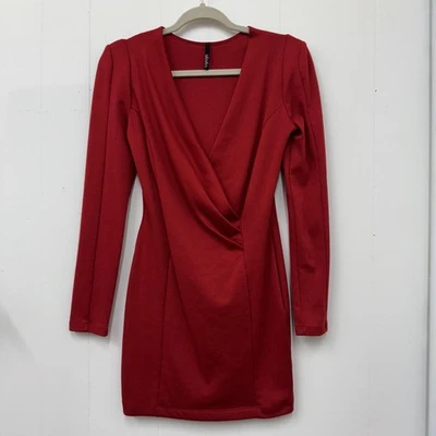Lulus Dress Womens Medium Red Long Sleeve Surplice Wrap Bodycon Mini Cocktail - Image 1 of 4