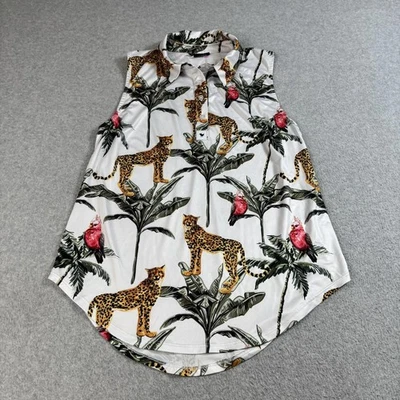 Camisa polo de golf Bad Birdie para mujer grande blanca sin mangas estampado de leopardo tropical Foto 1 de 4