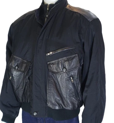 LIZ WEAR~MINT!!~VINTAGE BLACK LEATHER & NYLON MENS M 1990'S BOMBER JACKET - Image 1 of 4