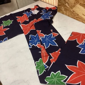 Japanese Traditional Summer Kimono Yukata Navy Colorful Autumn Leaves Cute - Picture 1 of 8