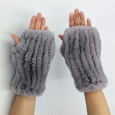 Genuine Rabbit Fur Fingerless Knitted Gloves Hand Warmers Winter Wrist Sleeves - Image 1 of 4