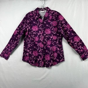 D&Co Denim Company Blouse Womens Medium Button up Long Sleeve Floral Purple Pink - Picture 1 of 12
