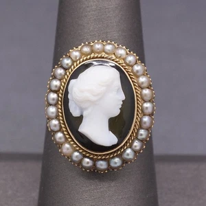 Antique Victorian Black and White Cameo Ring with Pearl Frame in 10k Yellow Gold - Picture 1 of 10