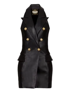 Maßgeschneidertes schwarzes Lammleder Minikleid für Damen, Neckholder Lederkleid - Bild 1 von 15