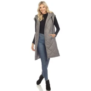 White Mark Women's XL Diamond Quilted Hooded Long Puffer Vest Jacket - Picture 1 of 3