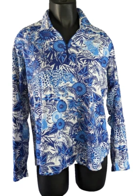 IBKUL 衬衫 XL 竹园蓝色锦鲤鱼豹女式高尔夫通风长袖 — 第 1/4 张图片