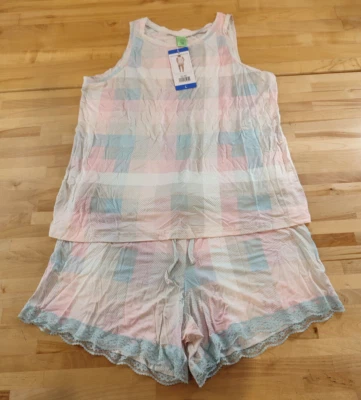 Conjunto de pijama corto y sin mangas Honeydew para dama estampado a cuadros rosa talla grande Foto 1 de 4