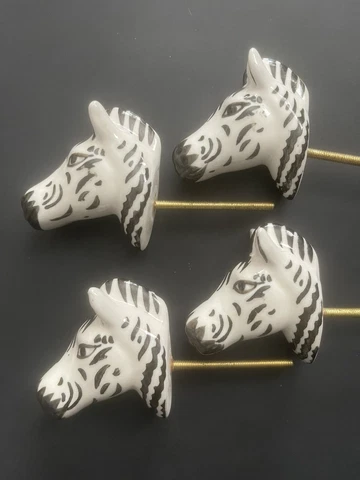 Anthropologie Zebra Head Ceramic Stoneware Drawer Knobs Lot of 4 Cover