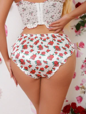 Women's Floral Roses White Lettuce Trim Flowers Satin Sissy Bikini Panty - Image 1 of 4