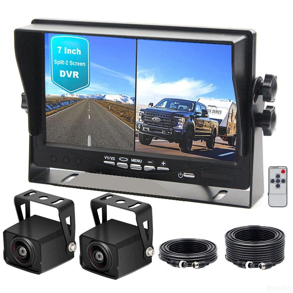7" Split 2 Screen DVR Monitor 1080P 2x 4PIN Rear View Backup Camera 12-24v Truck - Image 1 of 4