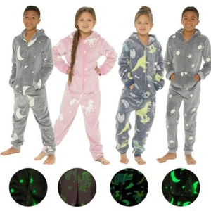 Glow In The Dark 1Onezie Kids Boys Girls Hooded All In One Zip Sleepsuit - Picture 1 of 22
