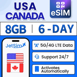 USA i Kanada eSIM 8GB High-Speed, 6-dniowy T-Mobile i Verizon JetSim / Travel SIM - Zdjęcie 1 z 6