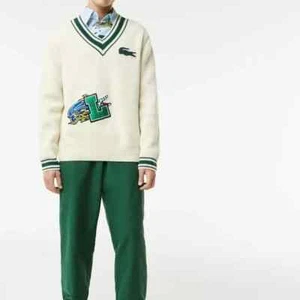 Men's Lacoste Holiday Comic Badge Striped V-Neck Sweater Size 7 XXL - Picture 1 of 3