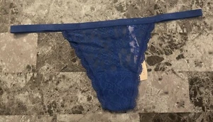 NWT VICTORIA'S SECRET LARGE BLUE SCALLOP FLORAL LACE MESH RARE V STRING PANTIES - Picture 1 of 3
