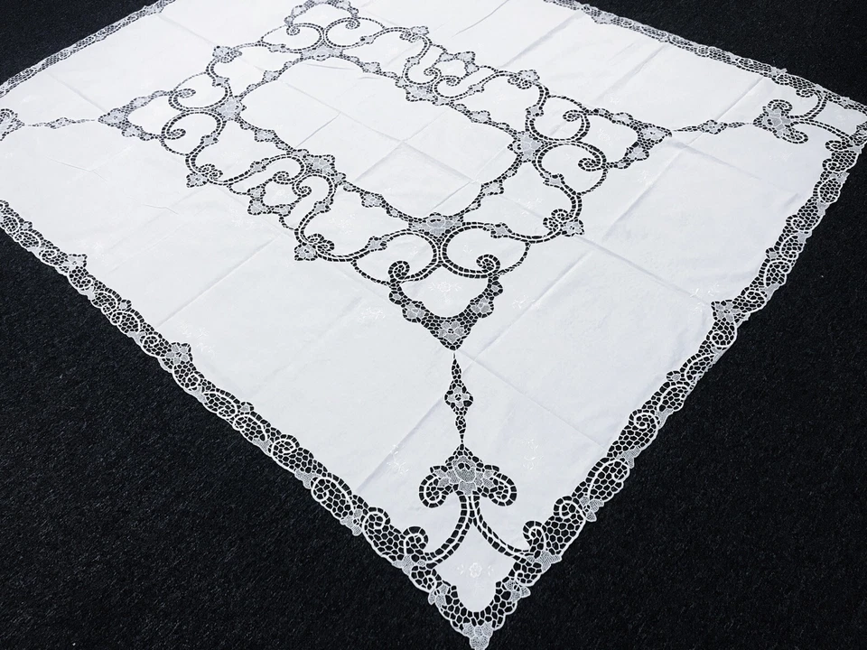 White 72x90" Cotton Linen Handmade Embroidered Lace Rectangle Tablecloth Napkins - Image 1 of 4