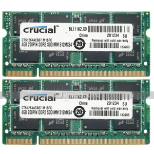 Crucial 8GB 2X4GB PC2-5300S DDR2-667MHz 200PIN 1.8V NON ECC Laptop SODIMM Memory - Picture 1 of 5