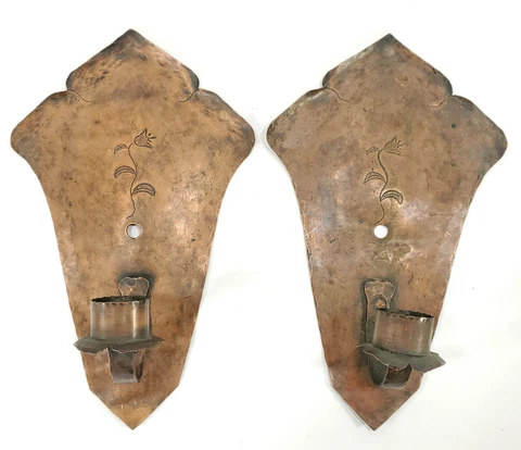 Pair Arts & Crafts Mission Copper Sconces with Engraved Tulip Decoration Cover