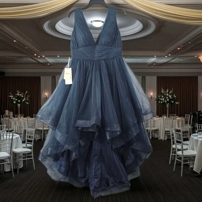 NUEVO JJ's House Talla 12 Vestido Formal Pañuelo Dobladillo Completo Tul Falda Azul Marino  Foto 1 de 4