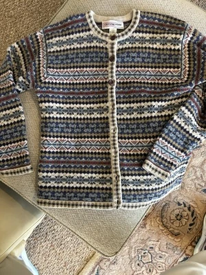 Shetland女式蓝色和棕色羊毛开衫毛衣 — 第 1/4 张图片