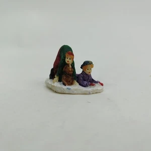 Christmas Village Figurines 2 Children & a Dog Playing In Snow Handpainted Resin - Picture 1 of 13