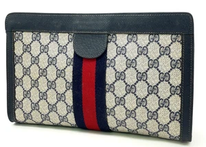Authentic Gucci GG Sherry Line PVC 89.01 Navy/Beige Clutch Bag NS070135 - Picture 1 of 21