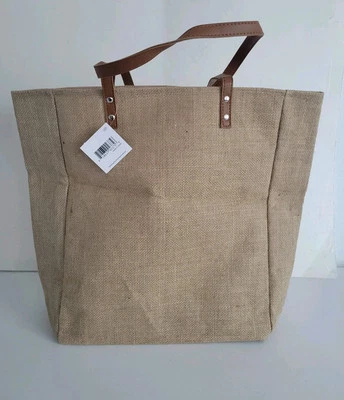 Macys Burlap 托特包米色棕褐色购物袋海滩旅行 14.5x12.5x5 全新 — 第 1/4 张图片