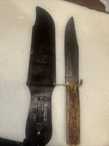 York Original Bowie Knife Solingen Germany Amazing Stag Handle Leather Sheath - Picture 1 of 14
