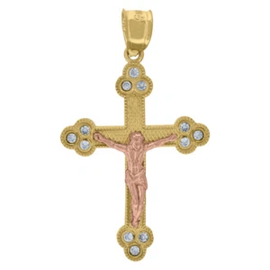 10k Two-Tone Gold Cubic Zirconia Cross Crucifix Religious Charm Pendant 1.78gm - Picture 1 of 3