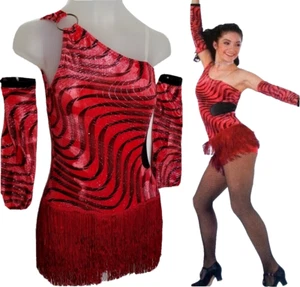 Dosenwärme Kind großes Tanzkostüm Jazz Tap Fransen Unitard & Handschuhe - Bild 1 von 7