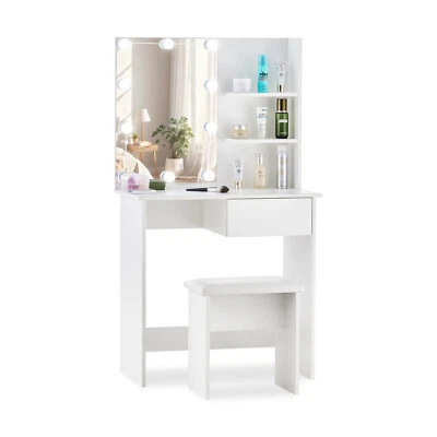 White LED Dressing Table Makeup Vanity with Mirror Drawers & Stool Modern - Image 1 of 4