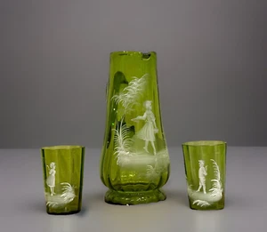 Victorian Mary Gregory Emerald Glass Blown Pitcher & Tumbler Set-Bohemia (10D) - Picture 1 of 17