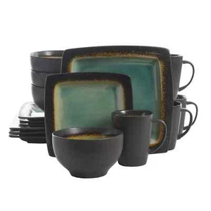 16-Piece Square Stoneware Dinnerware Set Turquoise Plates Bowls Mugs Dishes New - Picture 1 of 1