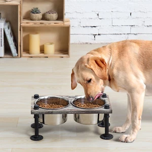 MyGift Torched Wood and Industrial Metal Elevated Dual Pet Feeder with 2 Bowls - Picture 1 of 8